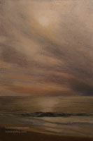 Cayucos Glowing Sunset Ocean Beach Oil Painting with sun shining in the water